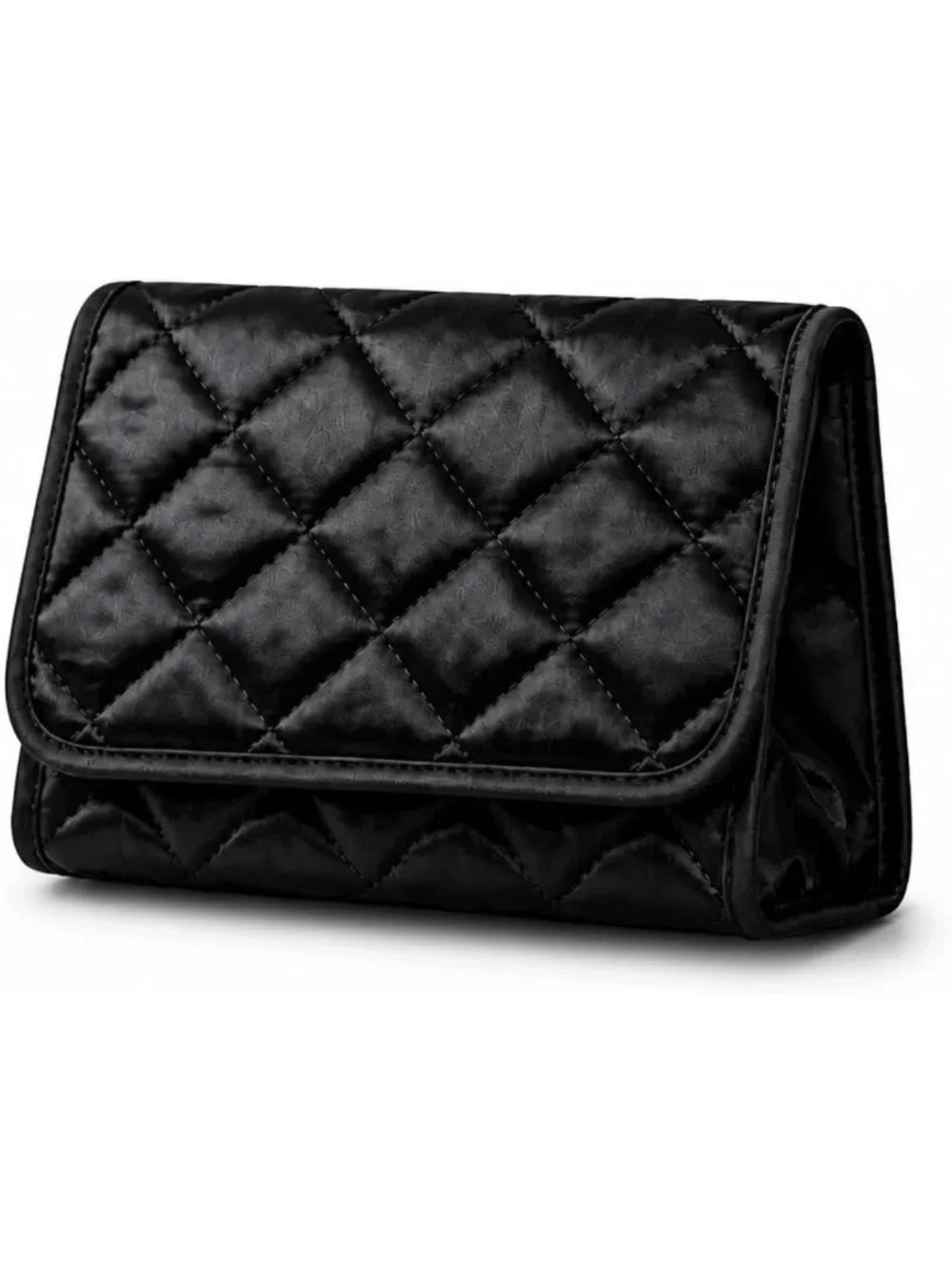 Quilted Satin Black Travel Makeup Bag with Mirror | Stylish Cosmetic Clutch